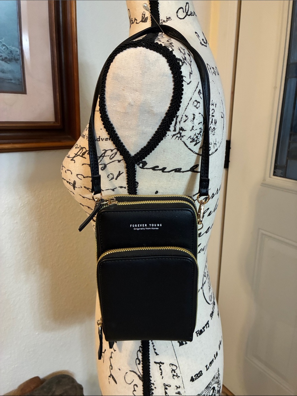 NWOT-Forever Young Black Crossbody Phone Pouch with Gold Zippers